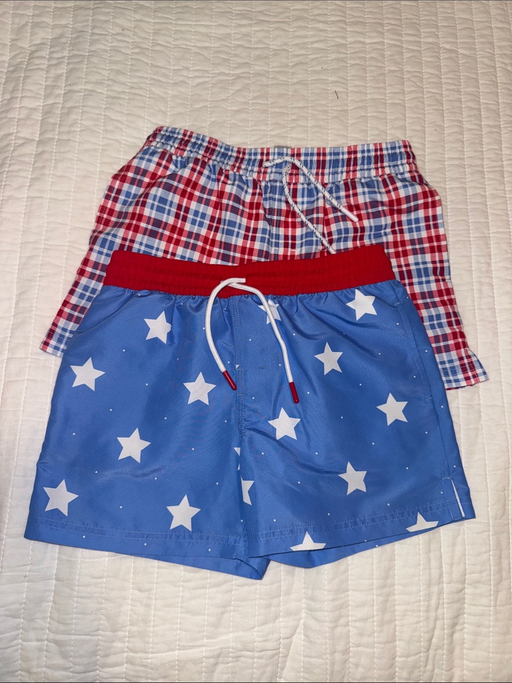 Set of 2 EUC TBBC Red white and blue patriotic boys Swim Trunks Size 7